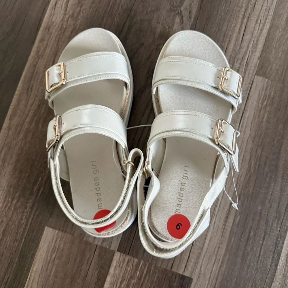 Madden Girl Kids Cream Sandals with Gold Buckles